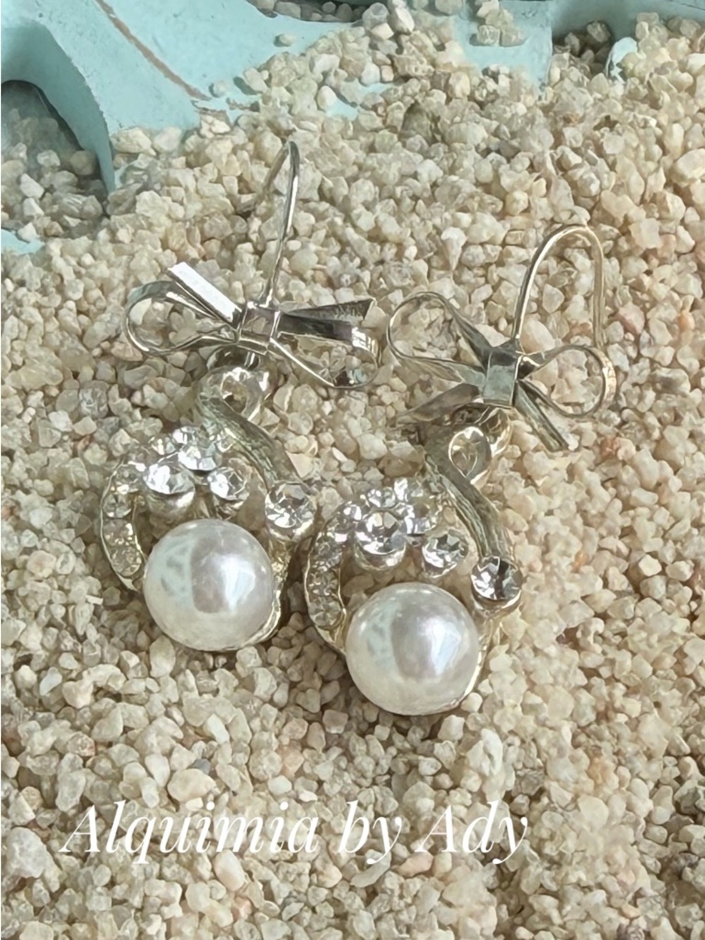 Alquimia Silver Bow Drop Earrings with White Pearls & Clear Crystals